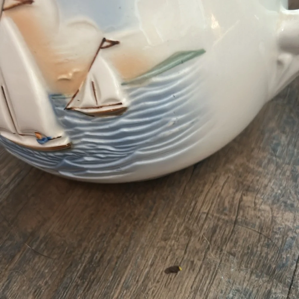 Vintage Porcelier Tea Pot with Lid Sailboat Vitreous China Made in‎ USA Nautical